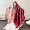 Elegant rose print silk scarf in pink and burgundy with leaves pattern shawl - Red