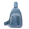 Vintage gewassen blauwe leren borsttas voor dames met functionele ritszakken voorop - Meerblauw
