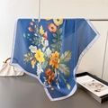 Vintage floral silk square scarf in navy blue with elegant yellow flower prints - Navy Blue