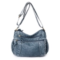 Borsa a tracolla in pelle morbida blu scuro con tasche a cerniera e dettagli in bronzo retrò - Blu