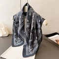Elegant black and white floral printed silk scarf with satin luster on a white hanger - 66-70cm / Black (FG153-4)