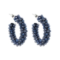 Bohemian C-shaped hoop earrings featuring faceted navy blue crystal beads on a white background - Blue