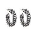 Bohemian silver-grey multi-faceted crystal bead C-shaped hoop earrings on white background - Gray