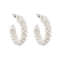 Bohemian C-shaped hoop earrings with multifaceted white crystal beads and silver pins - White