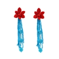 Böhmische Blumen-Ohrringe mit roten Filzblüten und blauen Perlen-Quasten - Rote Blume & Hellblaue Perlen