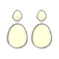 Elegant cream teardrop acrylic earrings with silver beaded edges and double oval layer - White