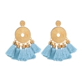 Bohemian oversized tassel earrings featuring gold textured discs and light blue silk fringe - Light Blue