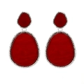 Detail view of red marbled acrylic teardrop earrings with beaded silver metal frame - Red