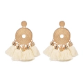 Bohemian gold hollow disc earrings with cream white fringe tassels in a fan design - White