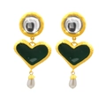 Orecchini a cuore vintage in smalto verde e perle a goccia in metallo dorato - verde scuro