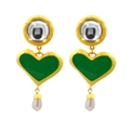 Detail of vintage gold earrings with green heart pendant and white teardrop pearl drop - Green