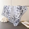 Detail of floral and bird print square silk scarf with polka dot border and pearl bag - Black (FG178-3)