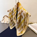 Elegant vintage plaid silk scarf in yellow and brown displayed on a wooden hanger - 66-70cm / Yellow Brown