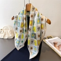 Floral print silk square scarf with vintage stamp patterns hanging on a wooden hanger - 70cm x 70cm / Rice Yellow (FG228-3)