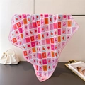 Detailed view of square silk scarf featuring colorful tropical stamps and pink stitched edges - 70cm x 70cm / Pink (FG228-4)