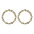 Elegant gold-tone circular hoop earrings with double row paved rhinestones on white background - White