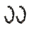 Bohemian C-shaped hoop earrings featuring natural black stone beads and gold metal accents - Black