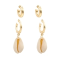 Golden C-shaped hoop earrings set with natural cowrie shell pendants on white background - Gold (2-Piece Set)