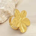 Adjustable 18K gold plated flower ring with textured petals and brushed metallic finish - Gold Ring