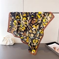 Detail of vintage floral satin square scarf with elegant yellow and brown abstract patterns - Coffee Black (FG249-2) / 68CM