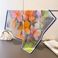 Detail view of large floral oil painting print scarf with bright orange and pink petals - 70cmx70cm / Pink Orange