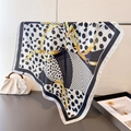 Polished faux silk square scarf featuring classic polka dots and gold chain pattern - 66-70cm / Black (FG217-3)