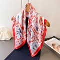 Tropical silk-feel scarf featuring palm trees and toucans hanging on a wooden hanger - 66-70cm / Red