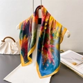 Artistic sunflower oil painting silk scarf displayed on a white mannequin torso - 70cm / Sunflower Yellow Edge (FG255-1)