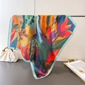 Close-up of vibrant sunflower oil painting print on silky floral square scarf detail - 70cm / Floral Light Cyan Edge (FG255-2)