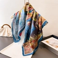Detail of oil painting sunflower print on premium satin scarf with blue contrast borders - 70cm / Oil Painting Dark Blue (FG255-3)