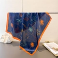 Ocean-themed silk satin square scarf with navy blue palm trees and starfish print - One Size / Navy Blue (FG176-1)