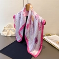 Tropical silk-like square scarf with ocean palm and fruit prints on a wooden hanger - One Size / Pink (FG176-2)