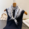 Elegant floral silk scarf in black and white tied to a black top for a chic look - Black (FG179-2) / 66-70cm