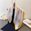 Square silk scarf with tropical fruit, palm trees, and ocean print on white background - One Size / Yellow (FG176-4)