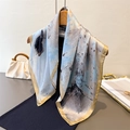 Ink painting silk scarf with blue abstract pattern and champagne gold hem on wooden rack - 66-70cm / Khaki (FG184-2)