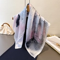 Artistic ink print square silk scarf with sakura signature on high-quality satin fabric - 66-70cm / White Edge (FG184-4)