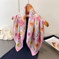 Tropical pattern silk scarf with ocean motifs hanging on wooden hanger with pearl bag - 66-70CM / Pink