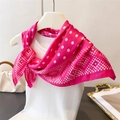 Detail of pink silk scarf with white gradient polka dots tied on a knit top neckline - 66-70cm / Pink