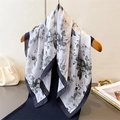 Elegant silk-like square scarf featuring ink wash floral prints and deep blue borders - 66-70cm / Black and Gray
