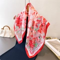Red and white floral silk scarf with butterfly print hanging on a hanger for styling - 70cm*70cm / Red (FG238-3)
