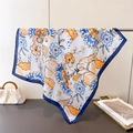 Vintage floral silk satin square scarf in blue and orange hanging for elegant display - 66-70CM / Blue