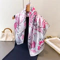 Floral print silk scarf with rose flower patterns hanging on a wooden hanger - 66-70CM / Pink