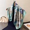 Floral satin silk scarf with light blue and purple patterns on a wooden hanger - 70x70cm / Mint Green (FG285-2)
