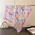 Eleganter weißer Kunstseide-Square-Schal mit bunten Schleifenmotiven und rosa Rand - 70CM Einseitig / Hellrosa