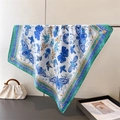 French style silk square scarf with blue butterfly and floral prints on white silk - Blue / 70cm