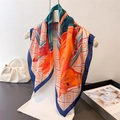 Luxurious faux silk square scarf featuring equestrian horse print and geometric borders - Navy Blue Edge