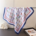 Silk square scarf featuring colorful dachshund prints with a navy blue border trim - 70cm x 70cm / Blue