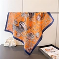 Orange silk scarf with zebra and leopard animal print and tropical floral pattern - 66-70cm / Navy Blue Border (FG308-1)