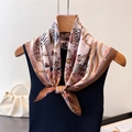 Faux silk square scarf with vintage tropical floral print in pink and brown earth tones - 66-70cm / Coffee (FG308-2)