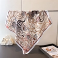 Detailed close-up of silk square scarf featuring zebra, leopard, and floral vine patterns - 66-70cm / White (FG308-3)